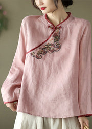 Casual Green Stand Collar Embroideried Button Linen Shirt Long Sleeve