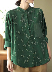 Casual Green Stand Collar Print Patchwork Corduroy Blouses Spring