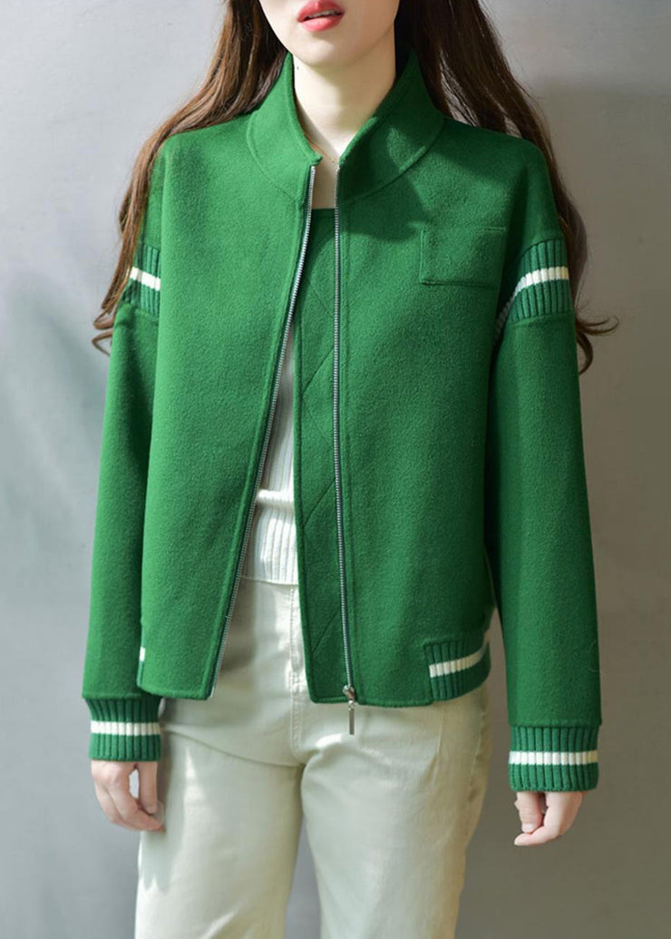 Casual Green Stand Collar Zip Up  Patchwork Woolen Coats Fall