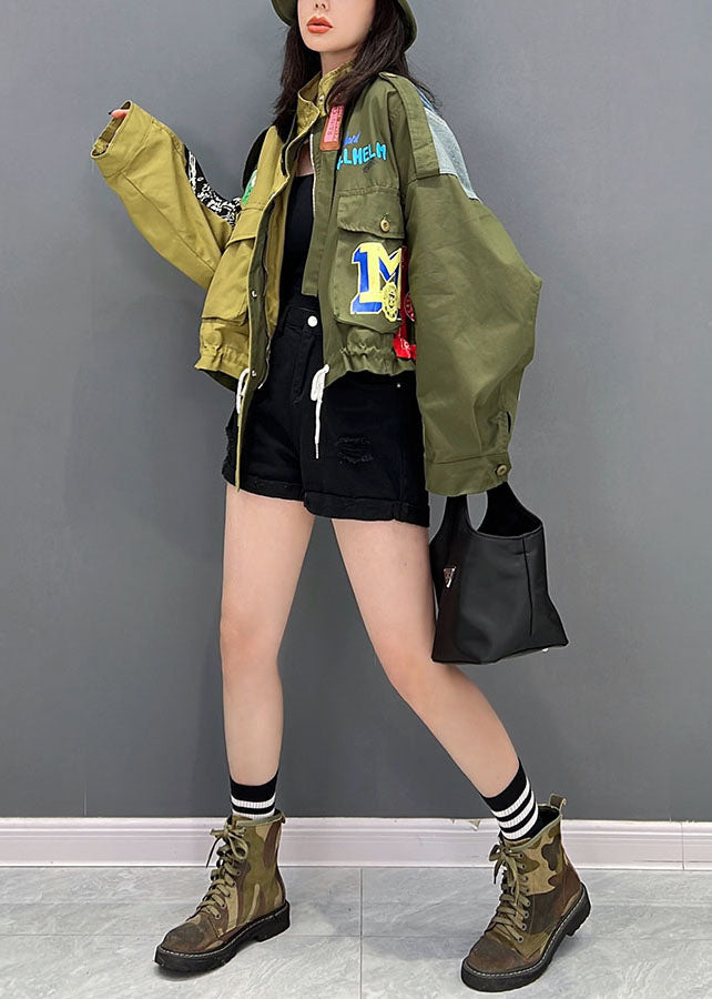 Casual Green Stand Collar Zip Up Patchwork Drawstring Cotton Denim Coats Fall