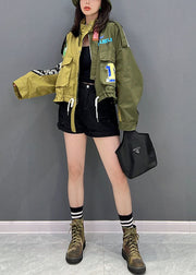 Casual Green Stand Collar Zip Up Patchwork Drawstring Cotton Denim Coats Fall