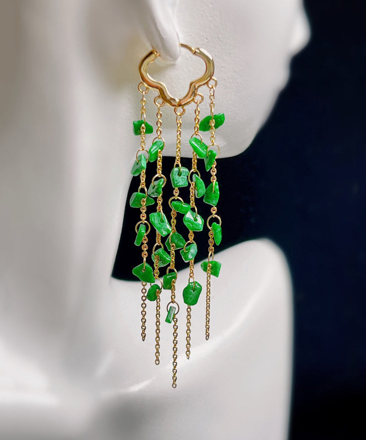 Casual Green Sterling Silver 14K Gold Jade Tassel Drop Earrings