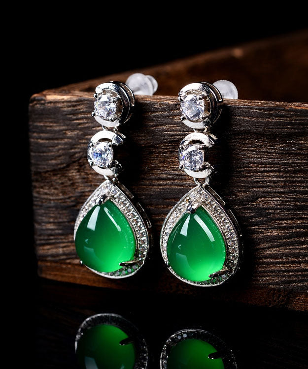 Casual Green Sterling Silver Inlaid Zircon Chalcedony Water Drop Drop Earrings