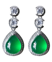 Casual Green Sterling Silver Inlaid Zircon Chalcedony Water Drop Drop Earrings