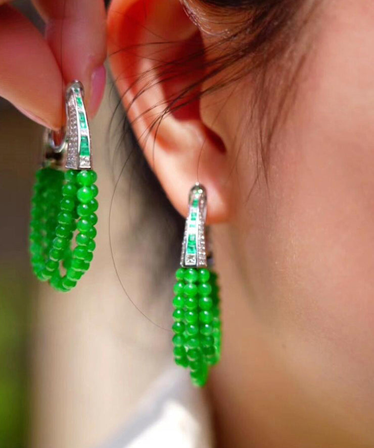 Casual Green Sterling Silver Xiaomi Beads Chalcedony Hoop Earrings