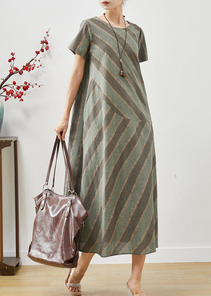 Casual Green Striped Patchwork Cotton Long Dress Summer