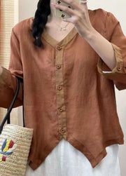 Casual Green V Neck Asymmetrical Patchwork Linen Shirt Summer