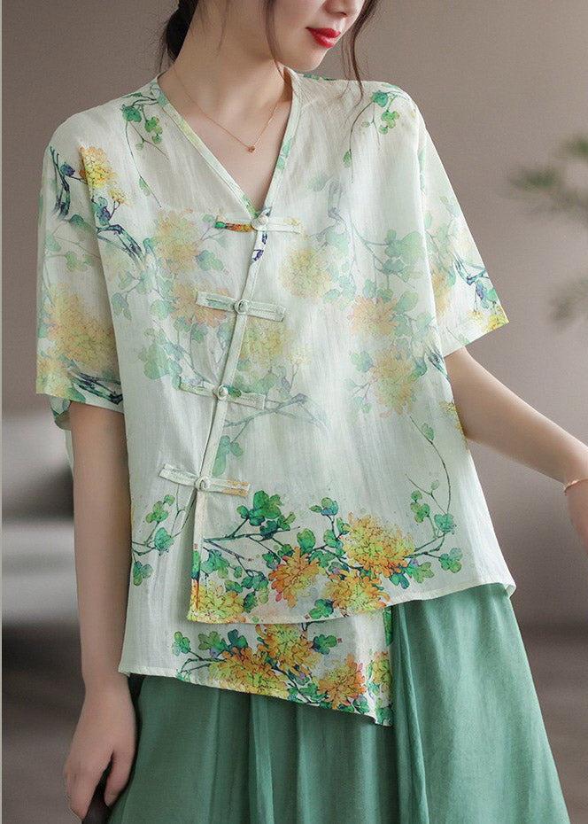 Casual Green V Neck Asymmetrical Print Button Linen Shirts Short Sleeve