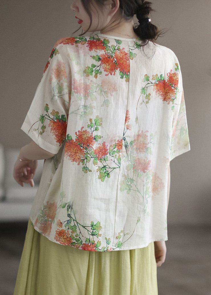 Casual Green V Neck Asymmetrical Print Button Linen Shirts Short Sleeve