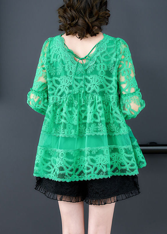 Casual Green V Neck Embroideried Tulle Shirt Bracelet Sleeve