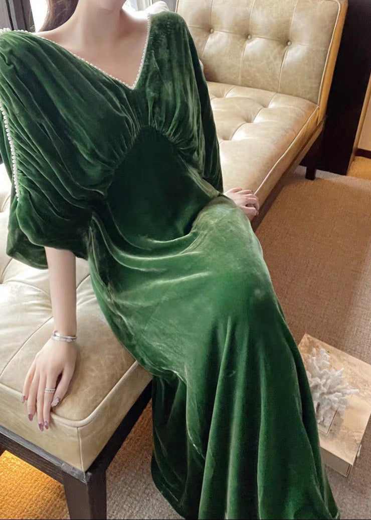 Casual Green V Neck Nail Bead Tunic Velour Maxi Dress Half Sleeve