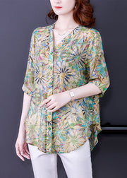 Casual Green V Neck Oversized Print Chiffon Shirt Tops Half Sleeve