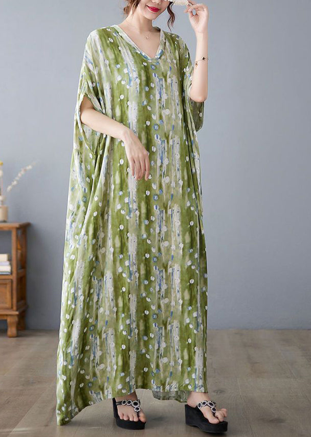 Casual Green V Neck Print Linen Long Dress Summer