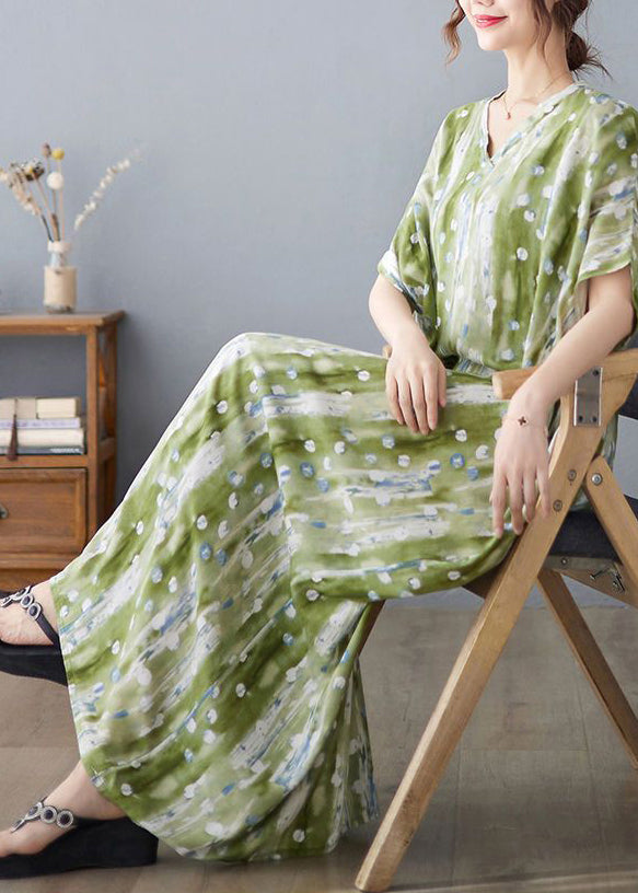 Casual Green V Neck Print Linen Long Dress Summer