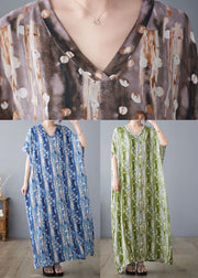 Casual Green V Neck Print Linen Long Dress Summer