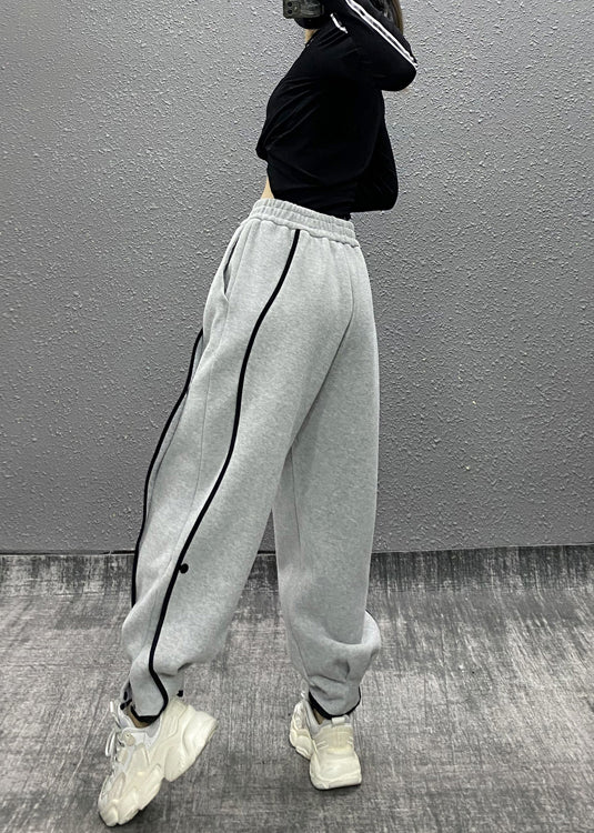 Casual Grey Asymmetrical Pockets Elastic Waist Cotton Sport Pants Fall