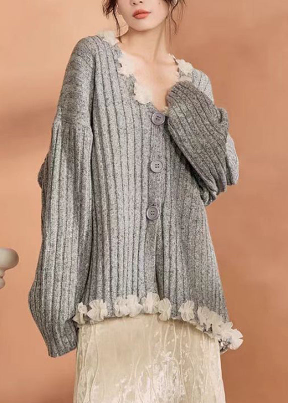 Casual Grey Button Tulle Patchwork Cotton Knit Cardigan Winter