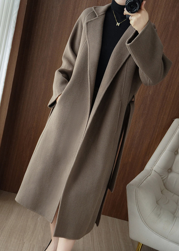 Casual Grey Coffee Colour Notched Solid Woolen Long Coats Fall