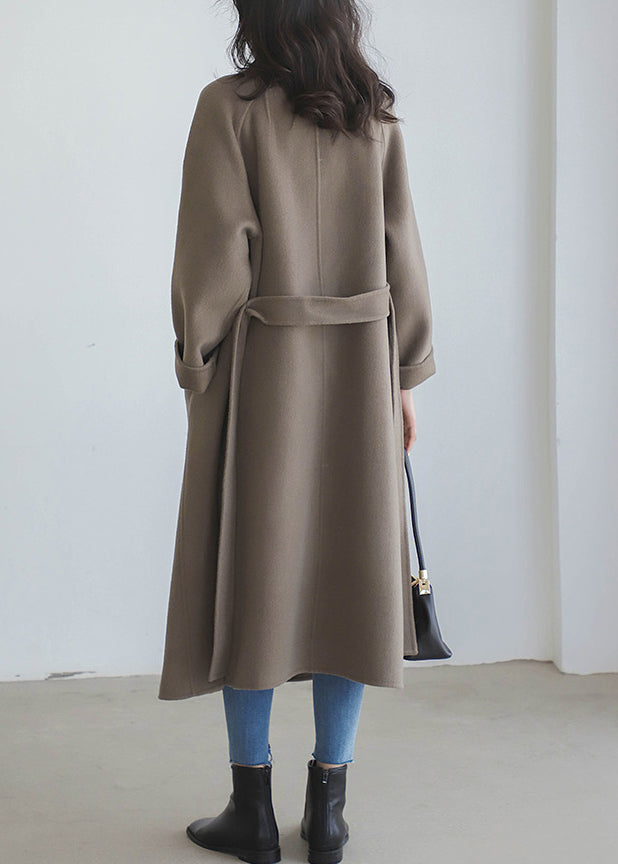 Casual Grey Coffee Colour Notched Solid Woolen Long Coats Fall