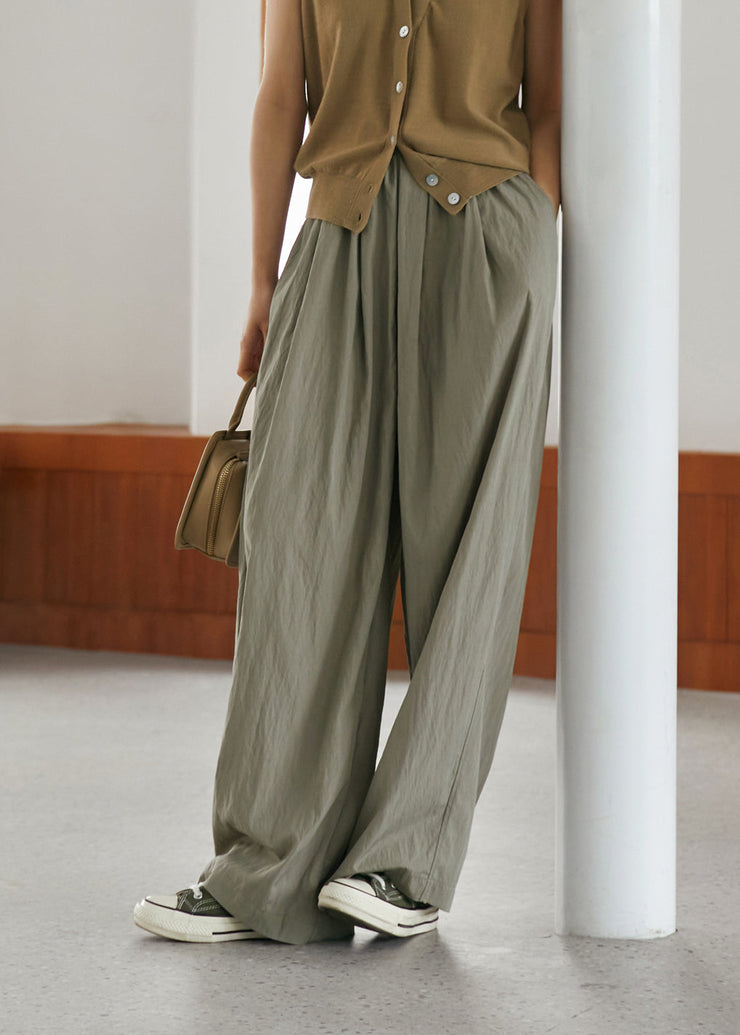 Casual Grey Elastic Waist Pockets Wide Leg Pants Summer