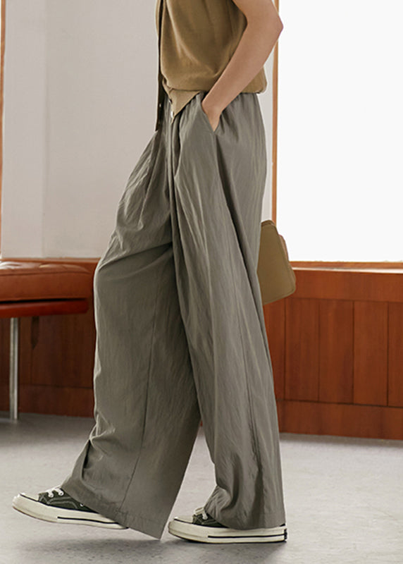 Casual Grey Elastic Waist Pockets Wide Leg Pants Summer