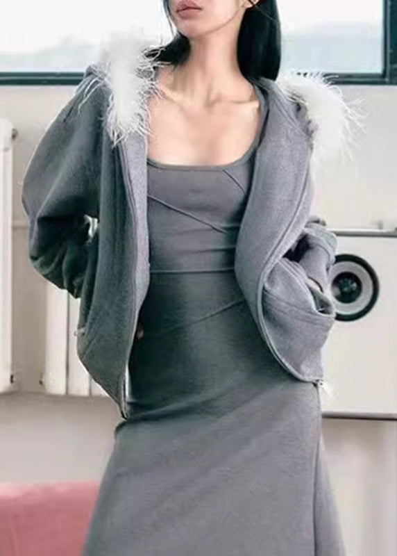 Casual Grey Fur Collar Zippered Fleece Sweatshirt And Skirts Two Pieces Set Winter