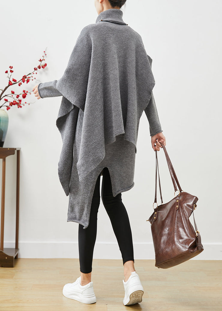 Casual Grey High Neck Asymmetrical Cotton Two Pieces Set Fall