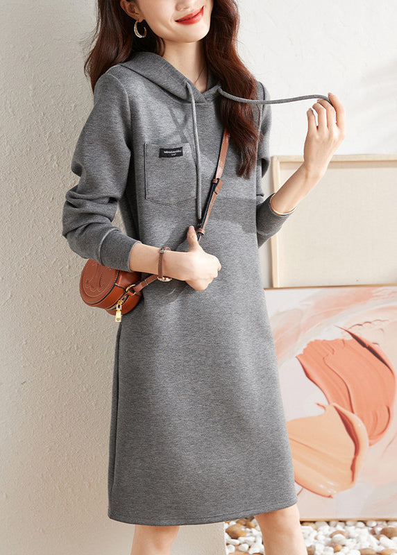 Casual Grey Hooded Lace Up Patchwork Cotton Dress Fall