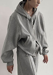 Casual Grey Hooded Patchwork Zippered Cotton Fake Two Piece Coats Spring