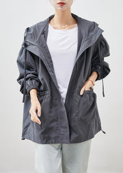 Casual Grey Hooded Pockets Cotton Jackets Spring