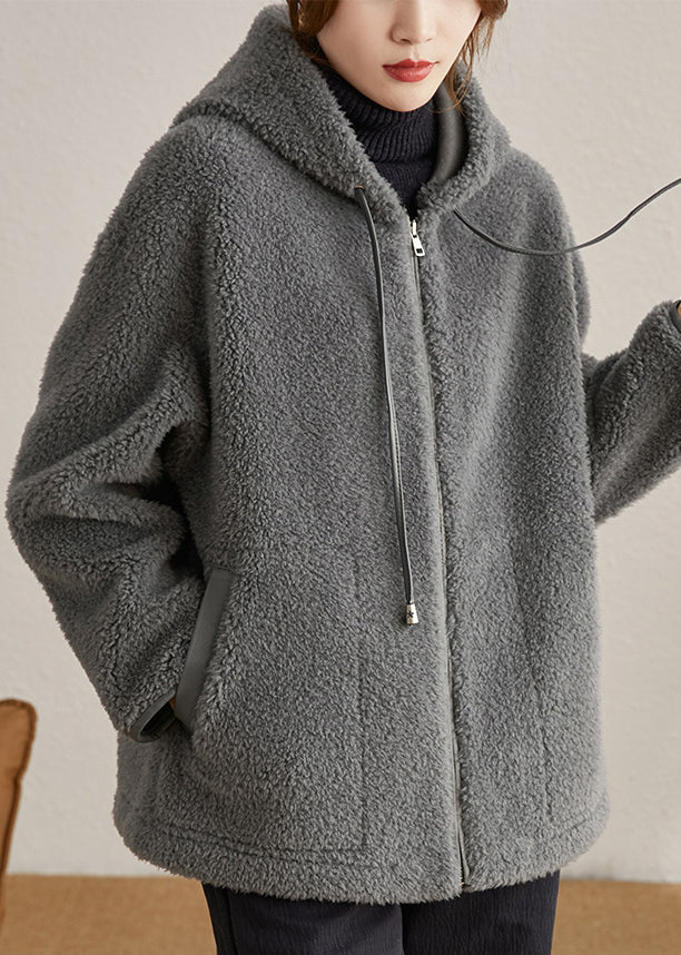 Casual Grey Hooded Pockets Patchwork Woolen Coats Winter