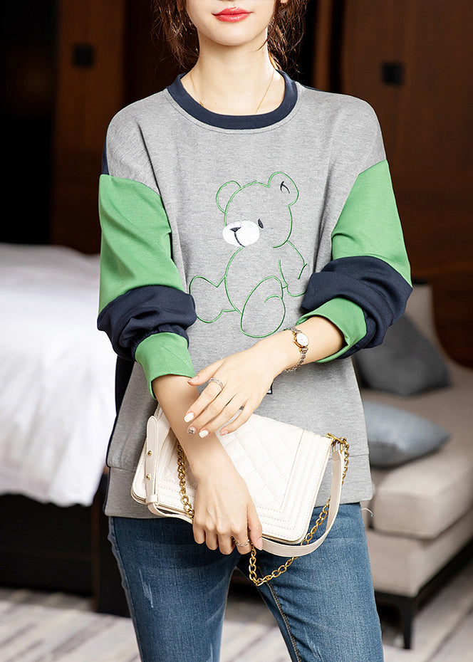 Casual Grey O-Neck Embroideried Patchwork Cotton Sweatshirt Long Sleeve