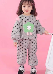 Casual Grey O Neck Heart Print Cotton Baby Girls Two Pieces Set Fall