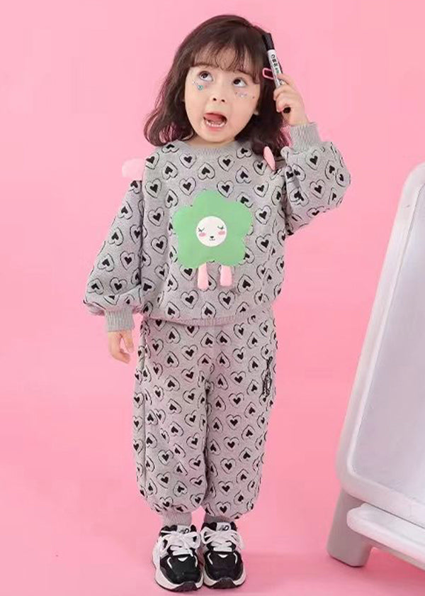 Casual Grey O Neck Heart Print Cotton Baby Girls Two Pieces Set Fall