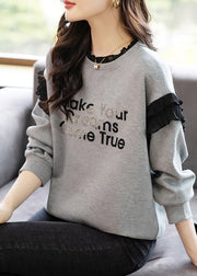 Casual Grey O-Neck Ruffled Graphic Patchwork Zircon Sweatshirts Fall