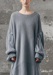 Casual Grey Oversized Patchwork Tulle Long Knit Dress Winter