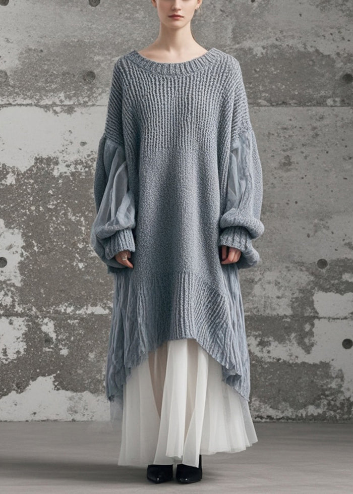 Casual Grey Oversized Patchwork Tulle Long Knit Dress Winter