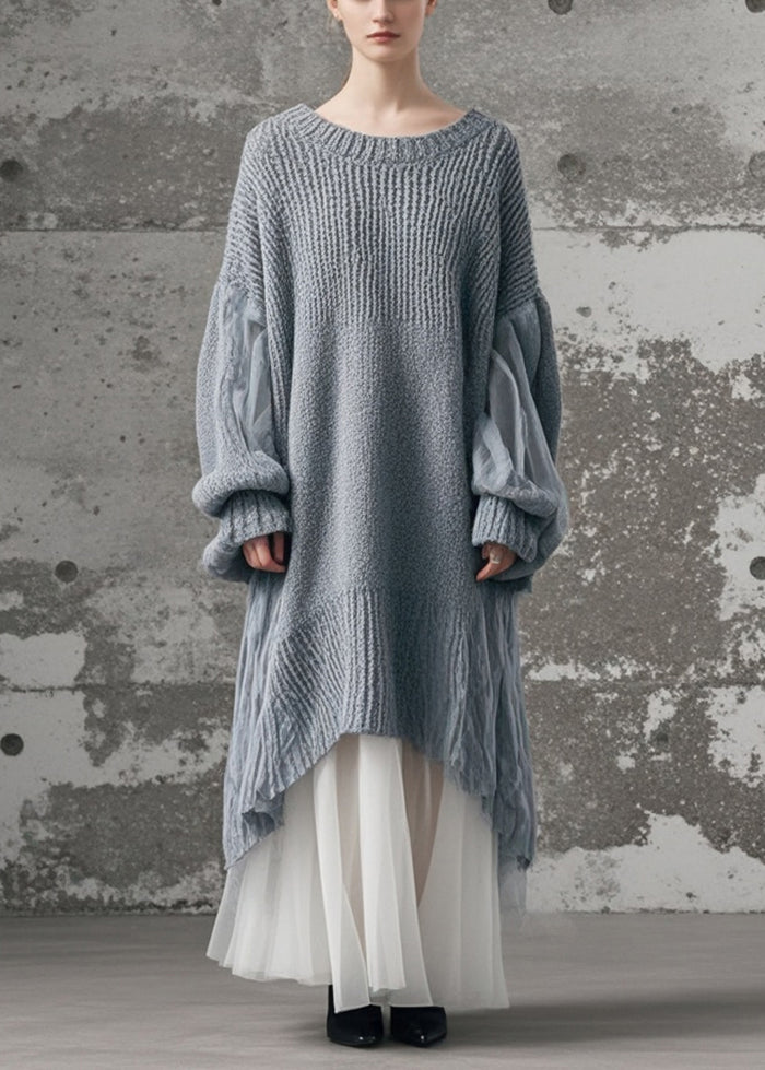 Casual Grey Oversized Patchwork Tulle Long Knit Dress Winter