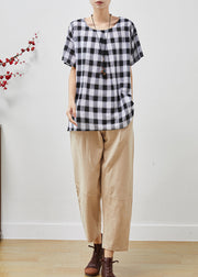 Casual Grey Oversized Plaid Linen Two Piece Set Women Clothing Summer