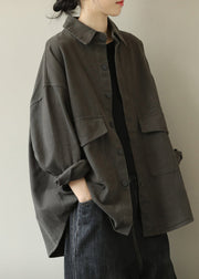 Casual Grey Oversized Pockets Cotton Coat Outwear Fall