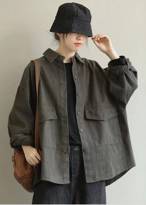 Casual Grey Oversized Pockets Cotton Coat Outwear Fall