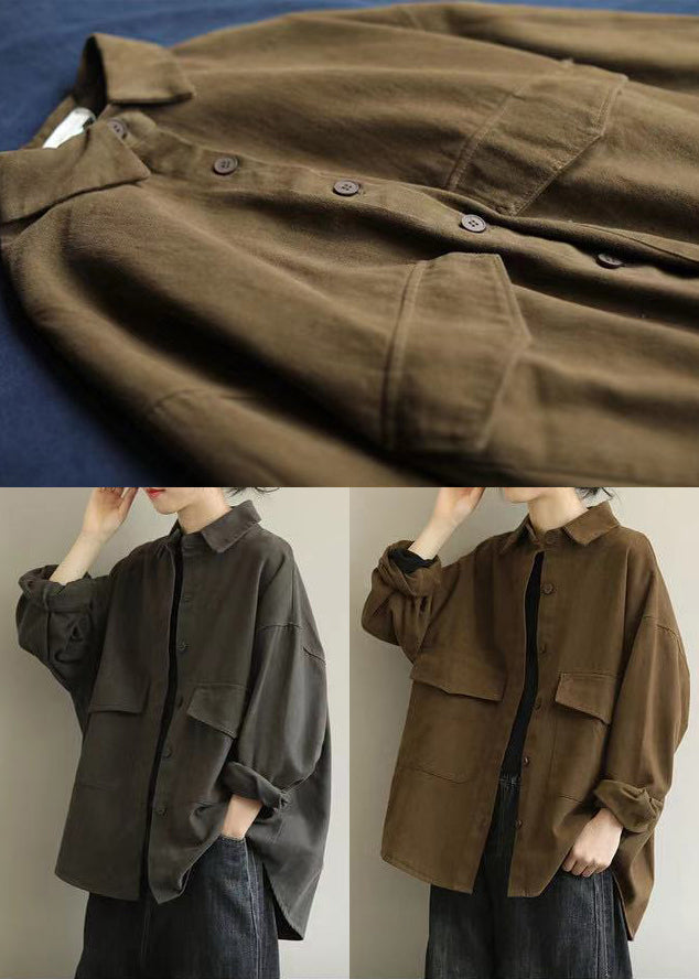 Casual Grey Oversized Pockets Cotton Coat Outwear Fall