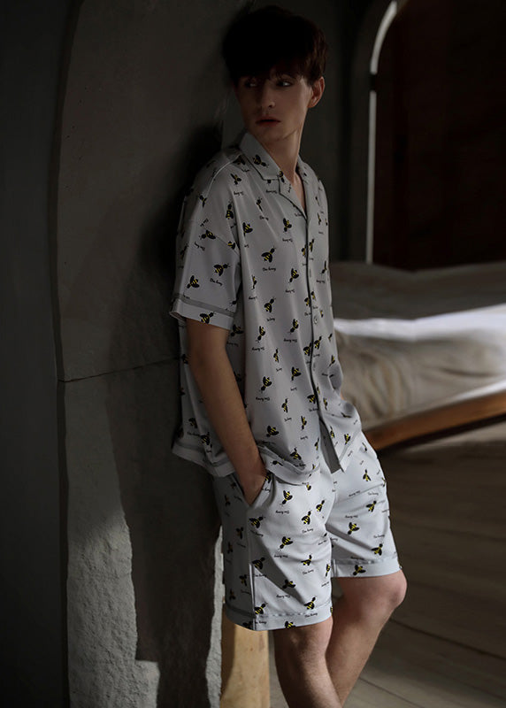 Casual Grey Peter Pan Collar Print Button Cotton Couple Pajamas Two Pieces Set Summer