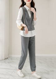 Casual Grey Peter Pan Collar Tops And Pants Cotton Two-Piece Set Fall