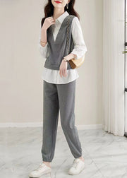 Casual Grey Peter Pan Collar Tops And Pants Cotton Two-Piece Set Fall