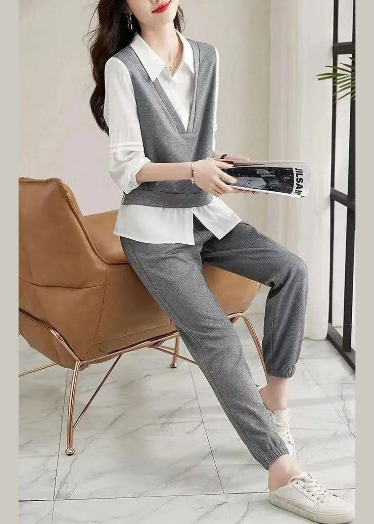 Casual Grey Peter Pan Collar Tops And Pants Cotton Two-Piece Set Fall