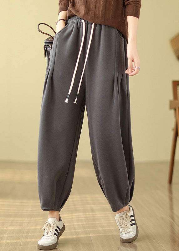 Casual Grey Pockets Elastic Waist Warm Fleece Pants Winter