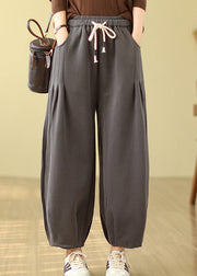 Casual Grey Pockets Elastic Waist Warm Fleece Pants Winter