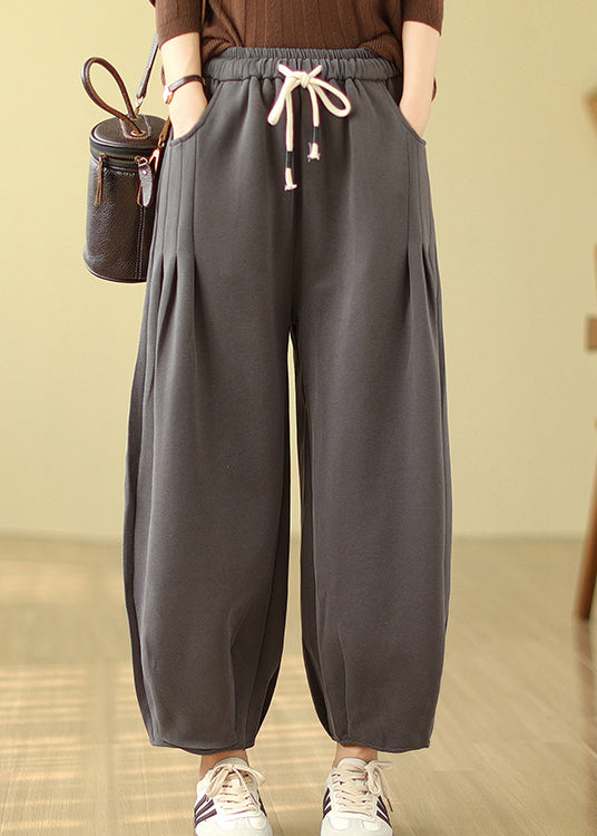 Casual Grey Pockets Elastic Waist Warm Fleece Pants Winter