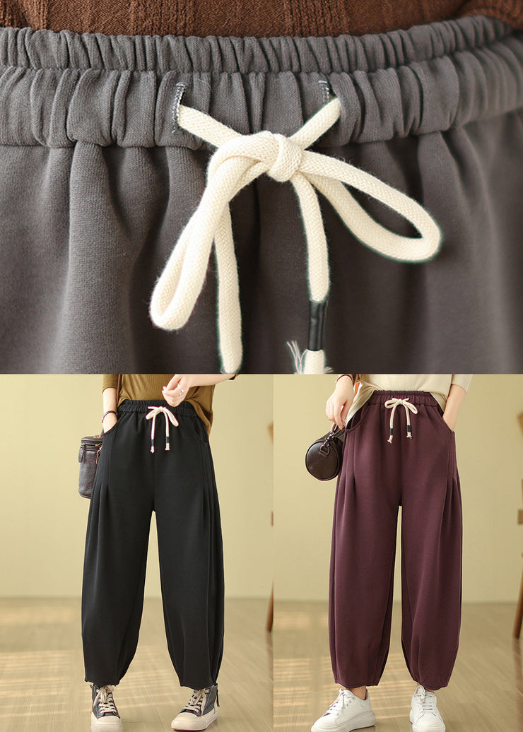 Casual Grey Pockets Elastic Waist Warm Fleece Pants Winter